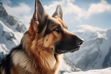 German shepherd. Portrait of a german shepherd dog. generative ai. Dog portrait, mountain snow background