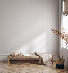 Home mock up, modern beige room interior, Scandinavian style, 3d render