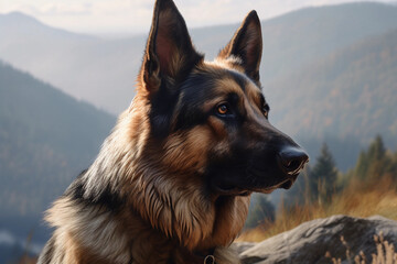 German shepherd. Portrait of a german shepherd dog. generative ai. Dog portrait, mountain snow background