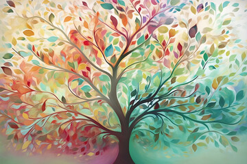a 3D abstract wallpaper design that features a colorful tree with hanging branches and multicolored leaves, perfect for interior mural wall art decor. 