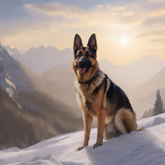 German shepherd. Portrait of a german shepherd dog. generative ai. Dog portrait, mountain snow background