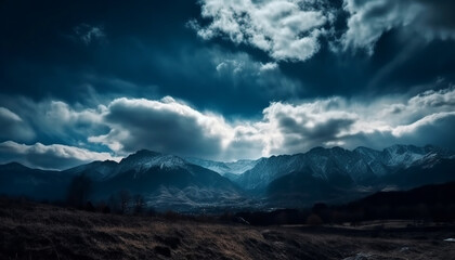 Majestic mountain range, tranquil meadow, dramatic sky generative AI