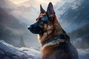 German shepherd. Portrait of a german shepherd dog. generative ai. Dog portrait, mountain snow background