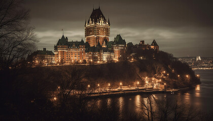 Fototapeta premium Medieval Gothic architecture illuminates city skyline at dusk generative AI