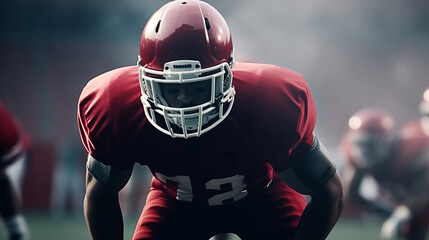 Jogador de futebol americano. Esportista com bola no capacete no estádio em ação