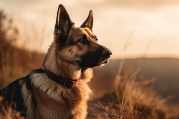 German shepherd. Portrait of a german shepherd dog. generative ai. Dog portrait, yellow grain field background