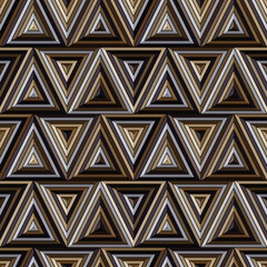 Abstract geometric pattern with concentric decorative triangles in brown and grey on a black background. Multicolored mosaic style. Seamless vector illustration. For textile or as a texture.