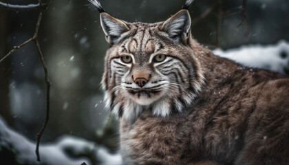 Bobcat staring, striped fur, danger in nature generative AI