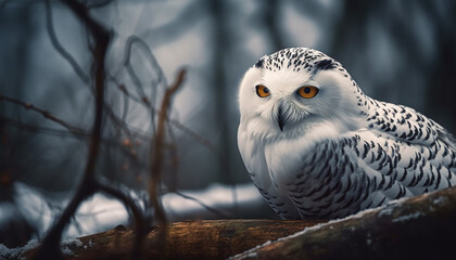 Snowy owl perching on branch, staring fiercely generative AI