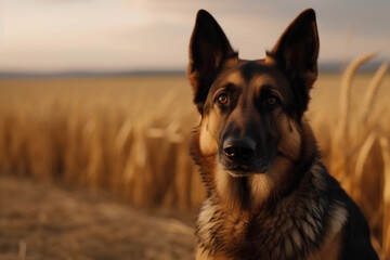 German shepherd. Portrait of a german shepherd dog. generative ai. Dog portrait, yellow grain field background