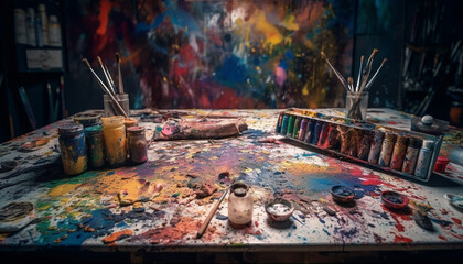 Vibrant colors on messy palette create abstract chaos generative AI
