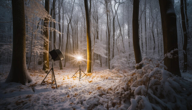Winter forest illuminated by lantern at dusk generative AI