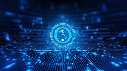 Bitcoin, abstract blue background, IoT technology background concept - Generative AI