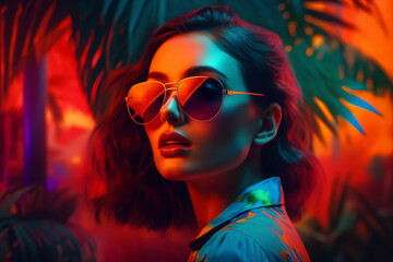 Attractive girl clubbing at the hot summer dance party. Neon light. generative ai.Palm trees on background. Vacation nightlife