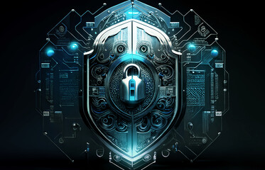 Cyber security shield technology protected data protection and data privacy on futuristic technology circuit line Background, Generative AI illustration