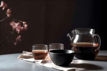 Cup of freshly brewed black tea and dry black tea on dark background with copy space. AI generated