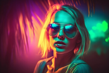 Attractive girl clubbing at the hot summer dance party. Neon light. generative ai.Palm trees on background. Vacation nightlife , blonde girl