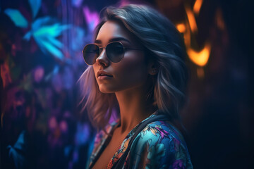 Attractive girl clubbing at the hot summer dance party. Neon light. generative ai.Palm trees on background. Vacation nightlife
