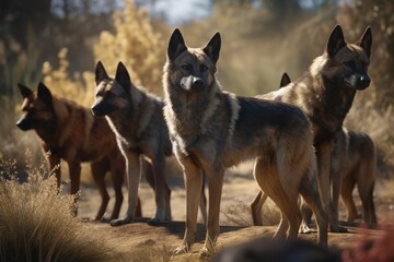 A detailed illustration of a group of wild dogs, such as wolves or coyotes, in their natural environment, Generative AI