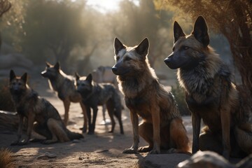 A detailed illustration of a group of wild dogs, such as wolves or coyotes, in their natural environment, Generative AI