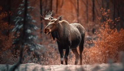 Horned elk grazes in snowy forest meadow generative AI