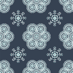 Seamless Mandala light design blue background concept of flowers, circles,Flowers, triangle and dots in ocean blue,white pattern.medallion ornamental allover seamless pattern.blue background vector.