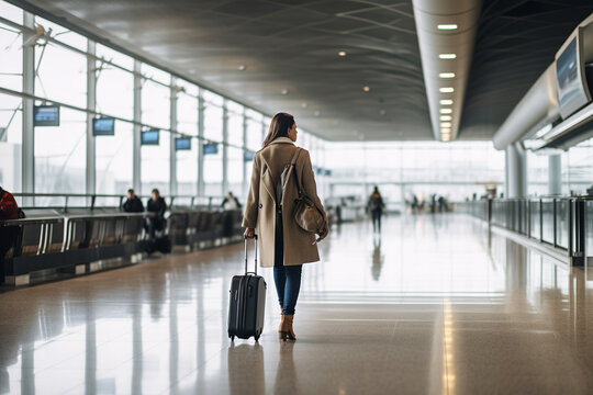 Woman with shoulder bag and hand luggage walking in airport terminal - Generative AI