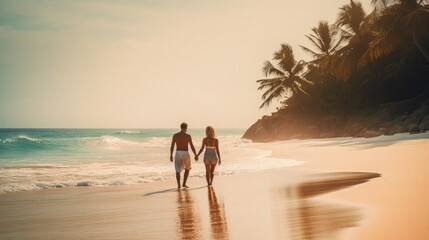 romantic couple seen from behind . Tropical beach. ai generative
