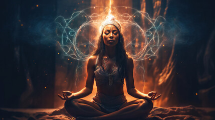 Portrait of a Woman, Spiritual Healing and Energy Flow in a Mesmerizing Psychic Waves Environment, Generative AI