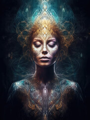 Portrait of a Woman, Spiritual Healing and Energy Flow in a Mesmerizing Psychic Waves Environment, Generative AI