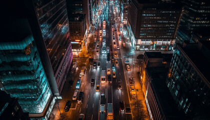 Fototapeta na wymiar Glowing city skyline, blurred traffic, modern architecture generative AI