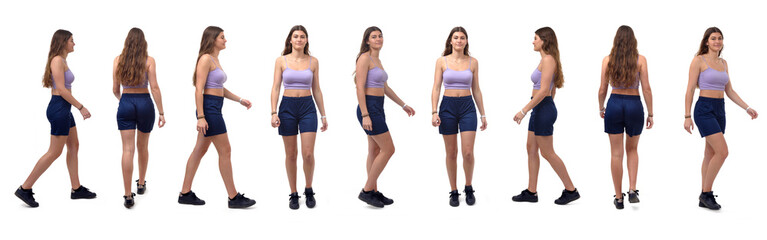 large group of a young same girl walking on white background