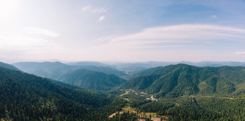Beauty day in the mountains in Altay, panoramic picture. Aerial shot on drone, Near Teletskoe lake shot