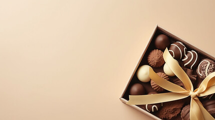 
Caixas de saborosos bombons de chocolate em fundo bege, configuração plana. espaço para texto