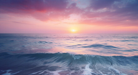 Fototapeta premium Beautiful wide format background image of marine nature at sunset on a summer day with original purple tinting. generative ai. Waves