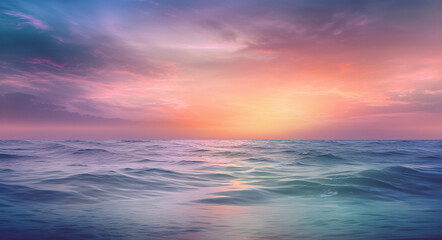 Naklejka na ściany i meble Beautiful wide format background image of marine nature at sunset on a summer day with original purple tinting. generative ai. calm sea