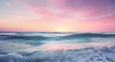 Naklejka na ściany i meble Beautiful wide format background image of marine nature at sunset on a summer day with original purple tinting. generative ai. Waves