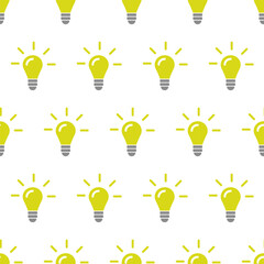 Lamp, seamless pattern, vector. Light bulbs with yellow light rays on a white background.