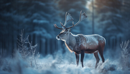 Horned stag stands in tranquil winter landscape generative AI
