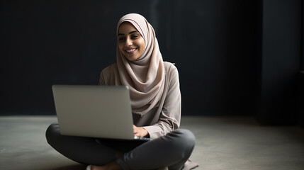 Alegre mulher do Oriente Médio sentada no chão, usando laptop - obrazy, fototapety, plakaty