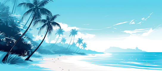 Fototapeta na wymiar Beautiful natural tropical landscape, generative ai, beach with white sand and Palm tree leaned over calm wave. Turquoise ocean on background blue sky with clouds on sunny summer day