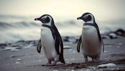Gentoo penguins waddling on snowy Antarctic coastline generative AI