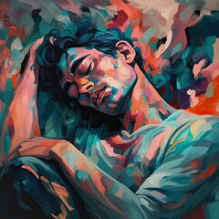Obraz premium abstract watercolor painting of a person dealing with sleeplessness because of pain and depression. - Generative AI 