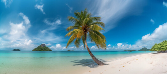 Fototapeta na wymiar Beautiful natural tropical landscape, generative ai, beach with white sand and Palm tree leaned over calm wave. Turquoise ocean on background blue sky with clouds on sunny summer day