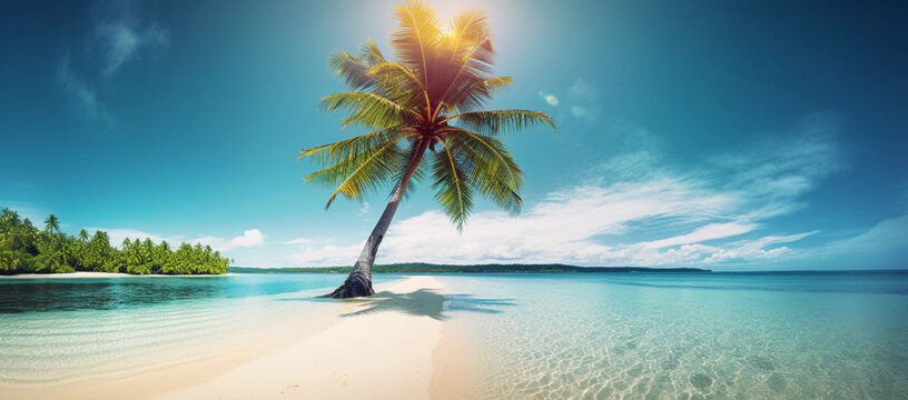 Beautiful natural tropical landscape, generative ai, beach with white sand and Palm tree leaned over calm wave. Turquoise ocean on background blue sky with clouds on sunny summer day