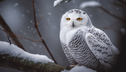 Great horned owl perching on snowy branch generative AI