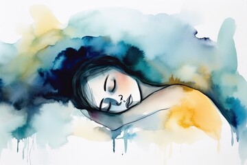 abstract watercolor painting of a person dealing with sleeplessness because of pain and depression. - Generative AI  - obrazy, fototapety, plakaty
