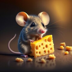 Cute little mouse with a piece of cheese