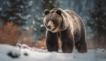 Obraz na płótnie Canvas Majestic grizzly bear walking in snowy forest generative AI