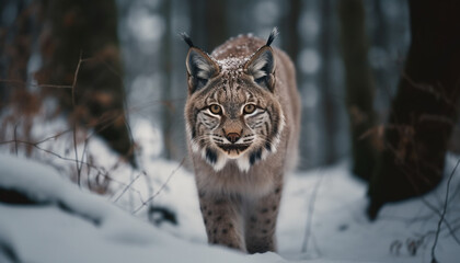 Fototapeta premium Big cat staring, spotted fur in snow generative AI